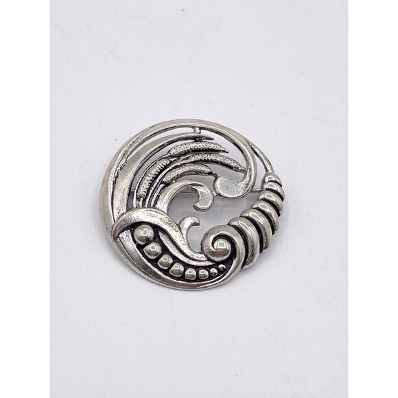 Taylord Sterling Silver Brooch Scroll Leaf Swirl Round Vintage Mid Century - Picture 1 of 7